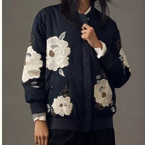 New Maeve Embroidered Satin Flower Bomber Jacket Coat Blue Sz M Anthropologie